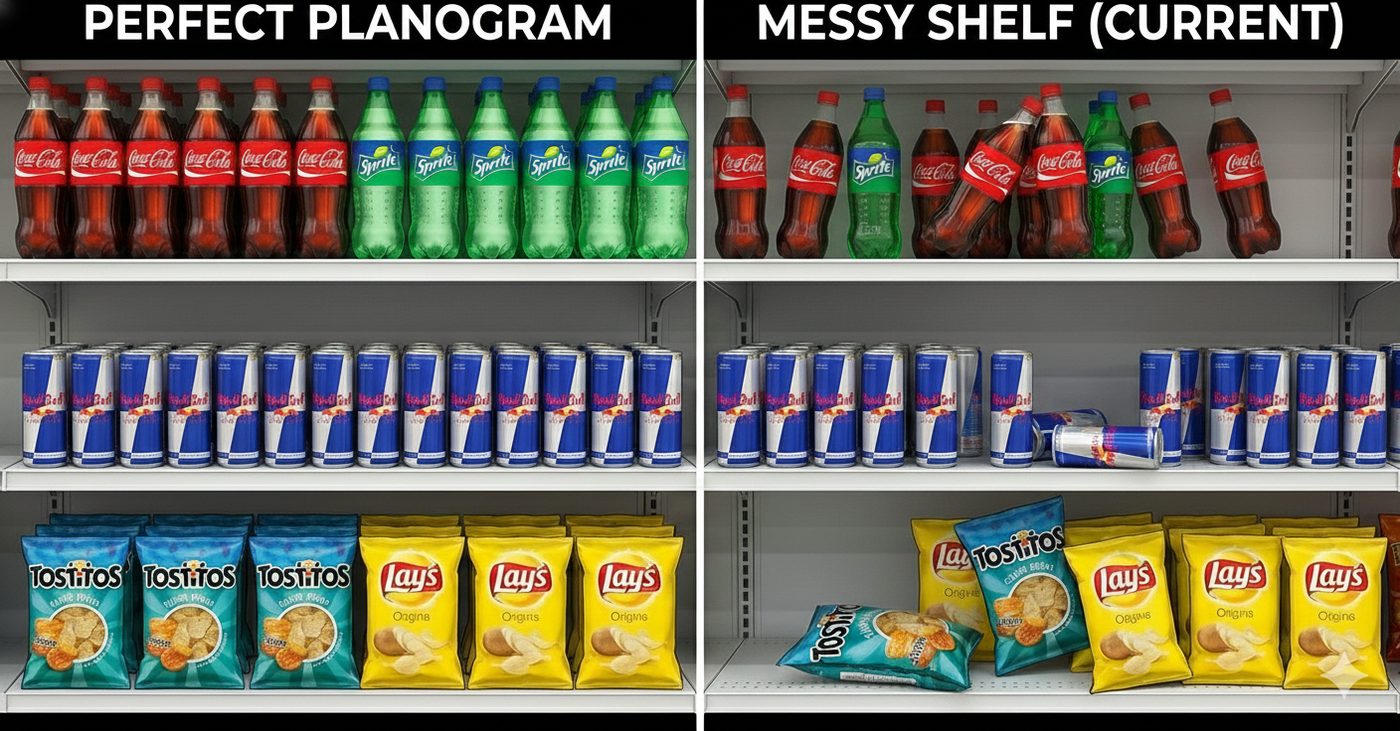 Perfect planogram compared to messy shelf - the problem Akuret solves