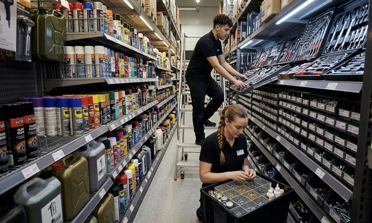 Team members working in store aisle